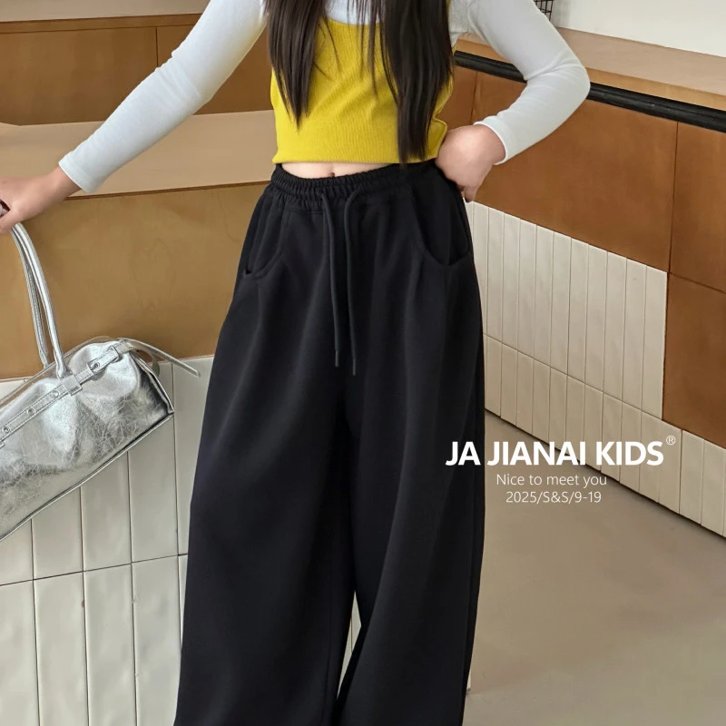 韩 2025 【X】8月24日 男童女童时尚黑色百搭针织卫裤5630-