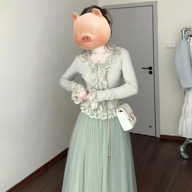 法式绿色蕾丝拼接荷叶边气质连衣裙子2025开春穿搭绝美长袖套装女