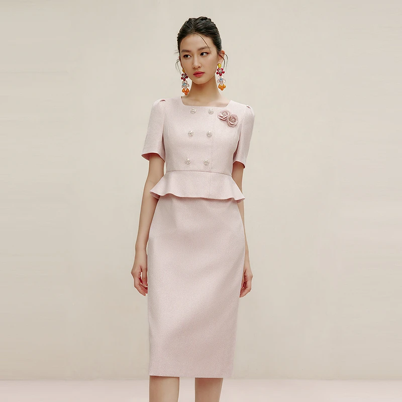 LIME/莱茵【柔韧之姿】夏季优雅双生花连衣裙石盐粉色LMGB3BWOP902