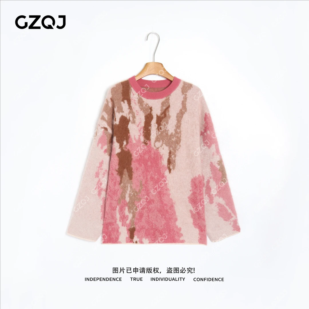 老琴私服【粉棕映-画】 绵羊毛山羊绒扎染圆领毛衣上衣女秋冬季791