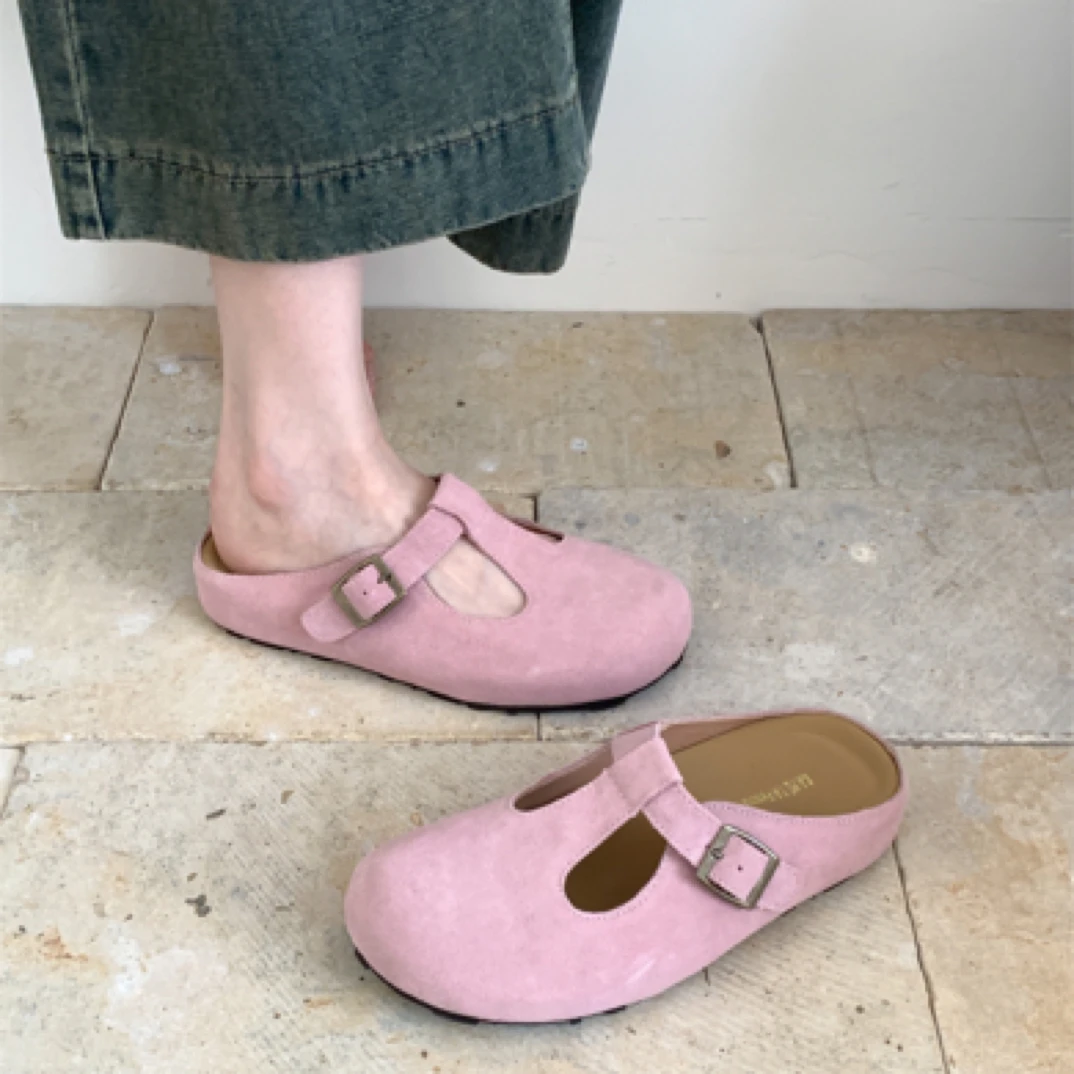 真皮复古T字带包头半拖鞋2025夏季外穿厚底森系勃肯鞋百搭穆勒拖