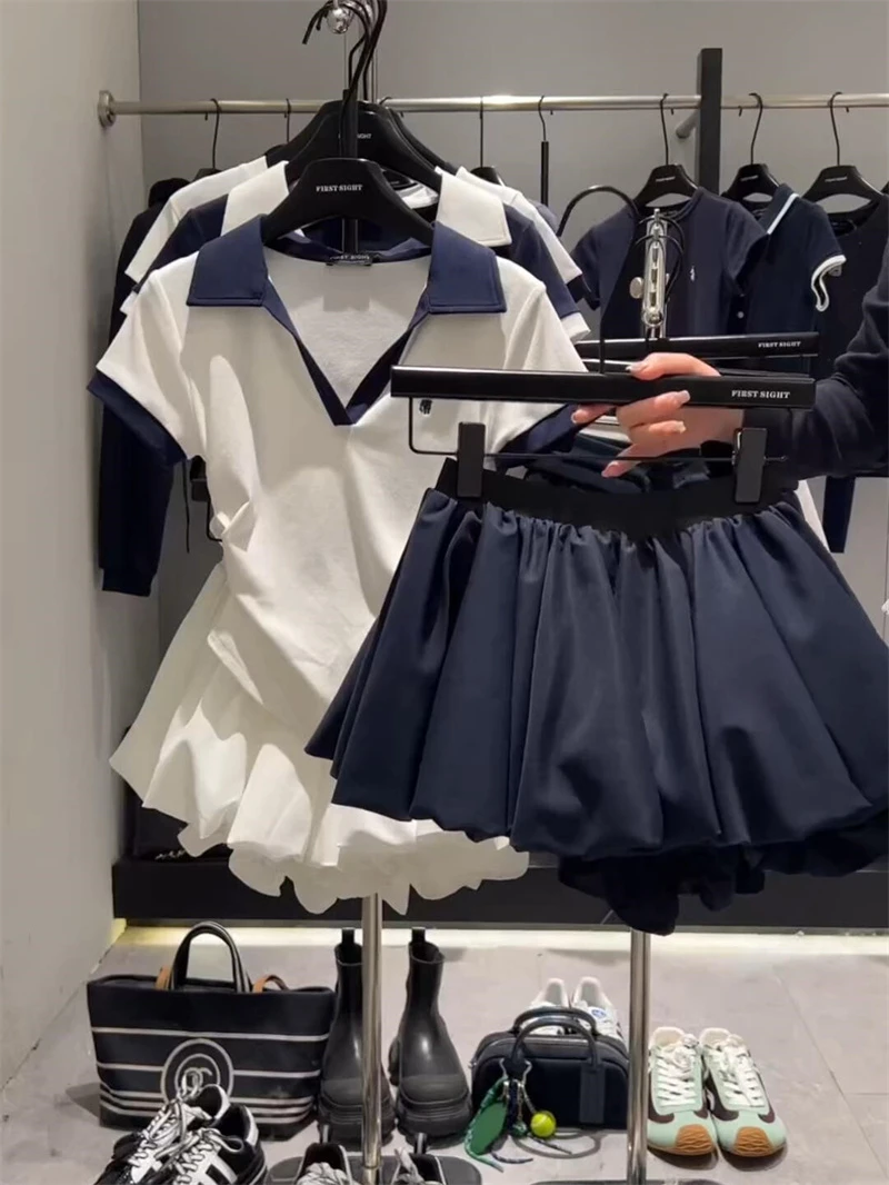 夏季新款韩系chic穿搭一整套翻领撞色收腰上衣松紧腰短裙裤套装