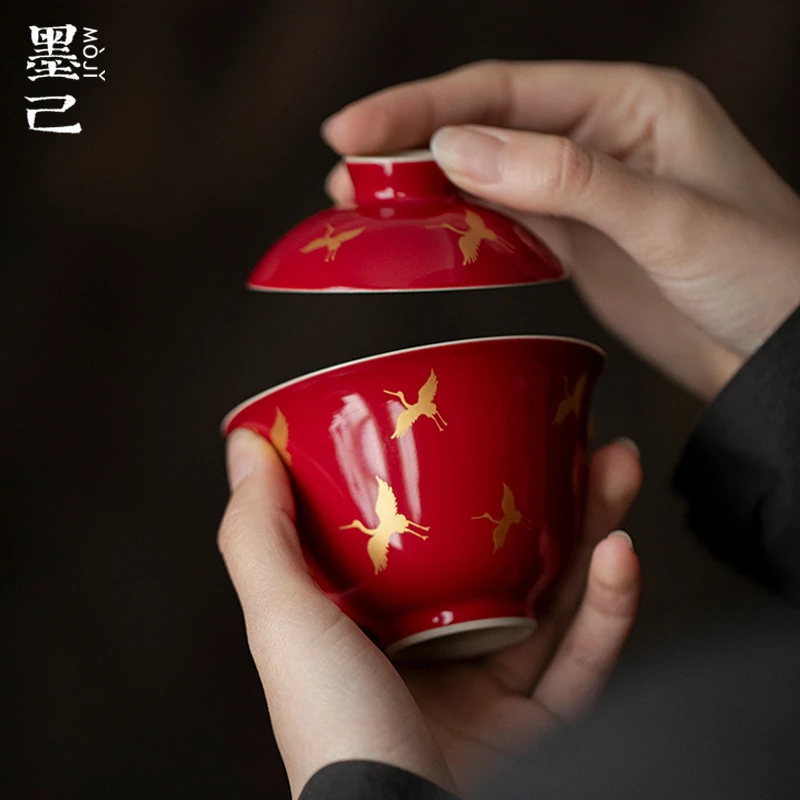墨己郎红烫金仙鹤闲谈盖碗功夫茶具家用喜庆陶瓷泡茶碗国潮盖碗