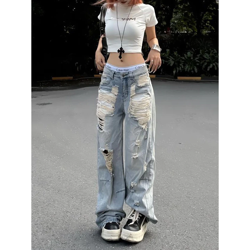 大码直筒低腰破洞牛仔裤女2025夏季新款宽松做旧百搭阔腿拖地长裤