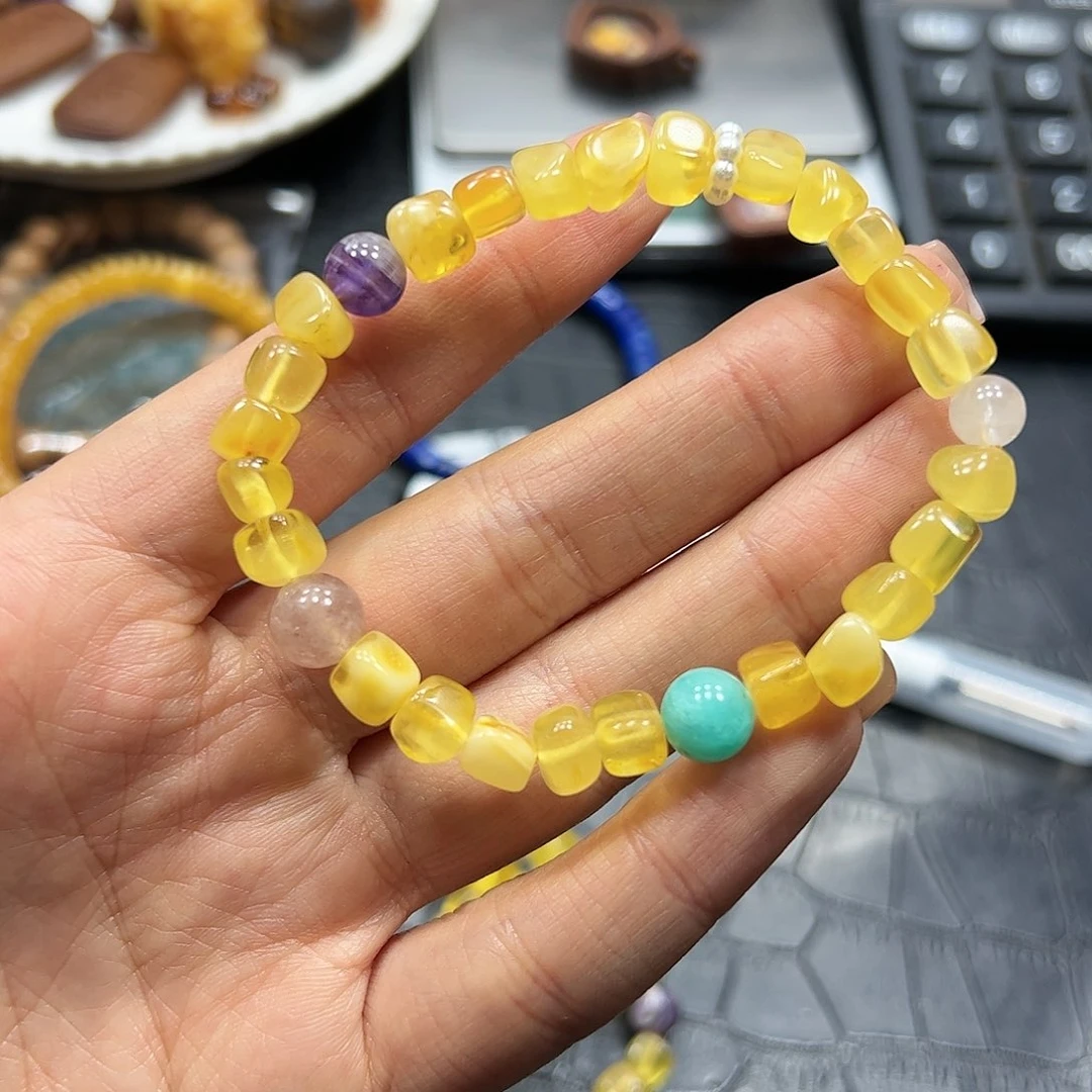 银S925镶嵌手链烟晶方糖蜜蜡手串