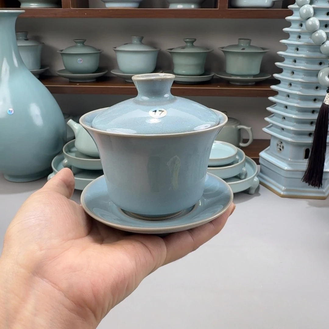 摆件陶瓷特价汝窑天青釉三才马蹄盖碗编号17