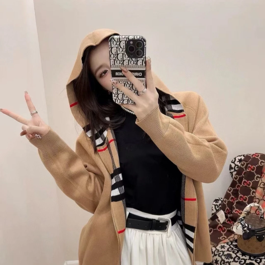 秋冬新款经典格纹双面拉链针织夹克连帽开衫外套女