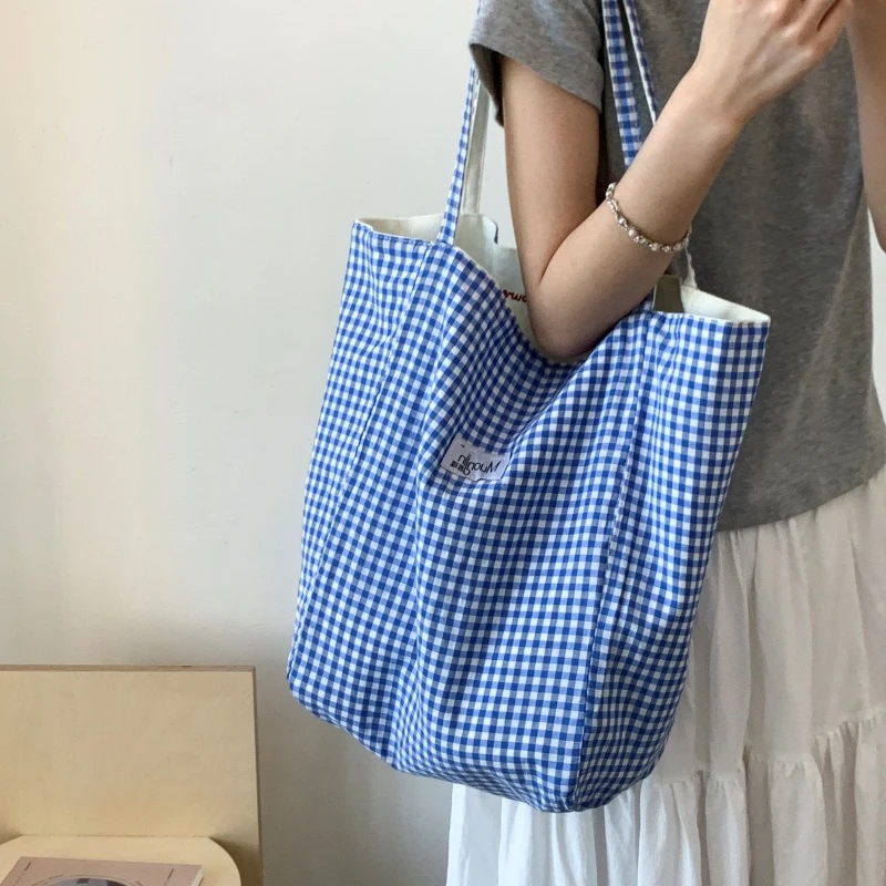 9053双面水洗刺绣简约百搭韩版帆布包格子韩系慵懒风大容量单肩包