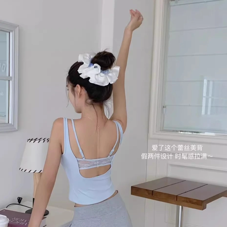 夏季显瘦假两件辣妹甜酷甜美后背镂空蕾丝吊带小上衣短款美背性感