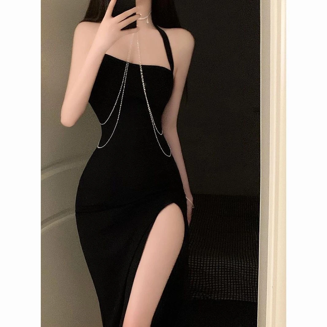 吊带挂脖开叉辣妹连衣裙女夏新款收腰中长裙黑色显瘦气质包臀裙子
