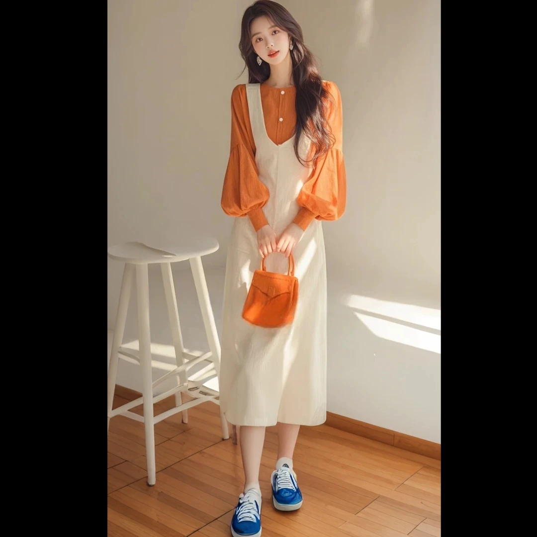 韩系风格穿搭一整套名媛气质套装风橘色衬衫裙2025超火两件套春装