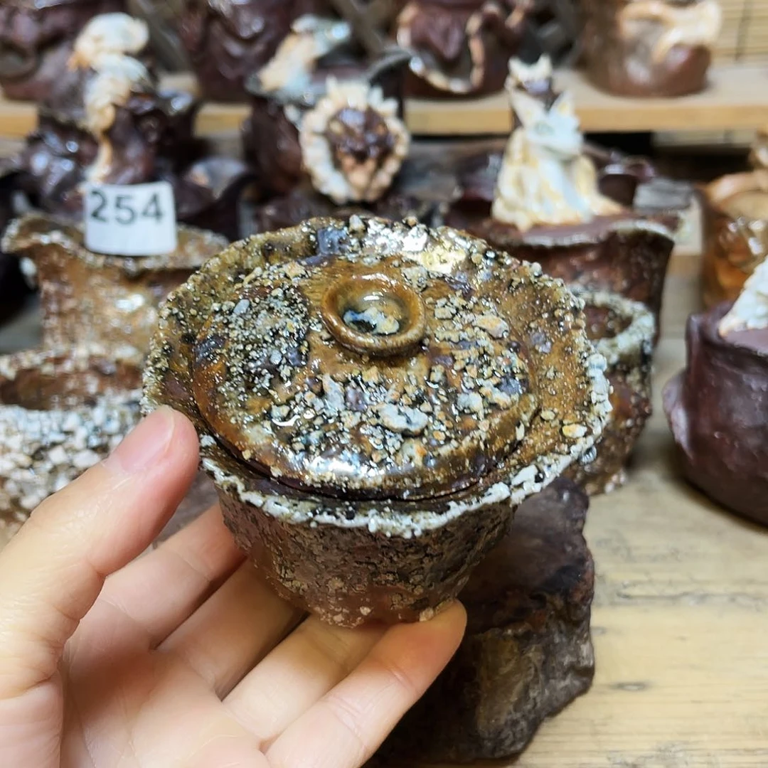 杯柴烧手捏石头盖碗