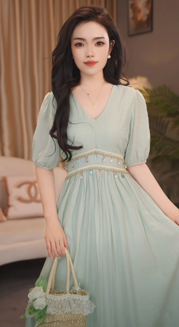 【天丝莱赛尔】法式纯色皱皱裙！松紧腰夏季长裙淑女长款连衣裙-8056