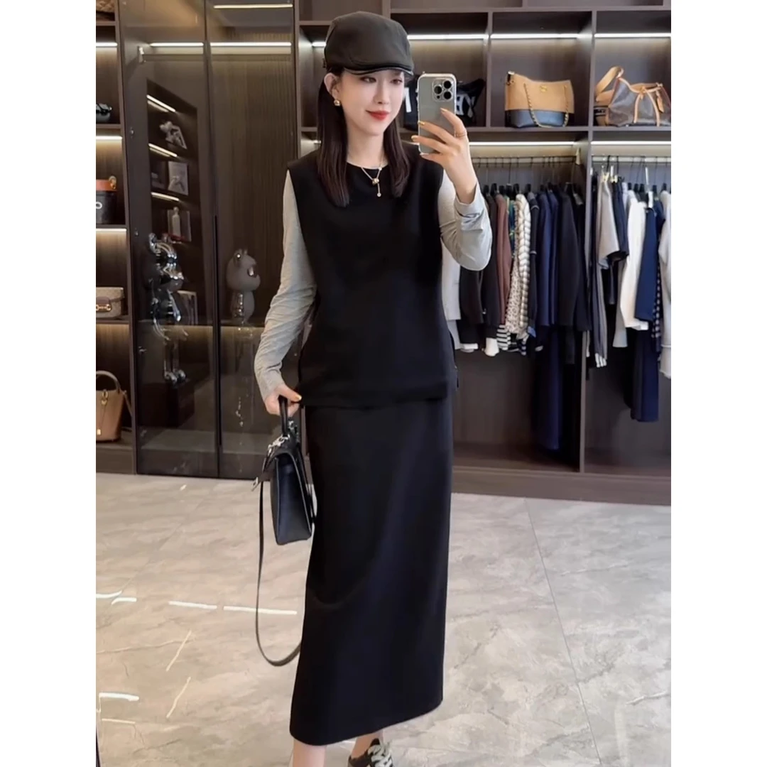 休闲三件套装裙女2025秋季新款韩版时尚显瘦无袖马甲小衫半身裙子