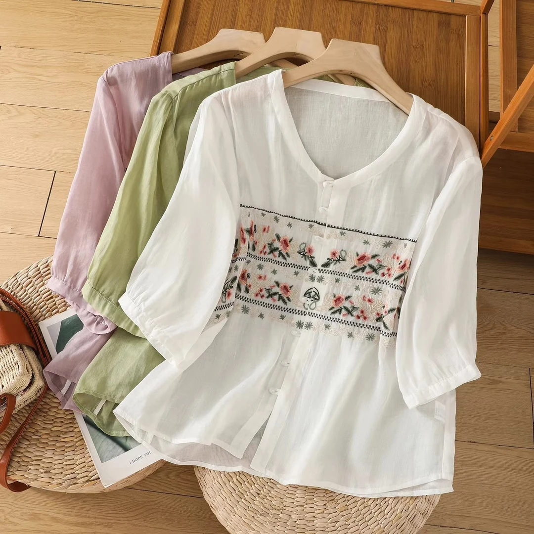 2025刺绣七分文艺衬衫夏季百搭宽松中式新款上衣衬衣复古棉麻休闲