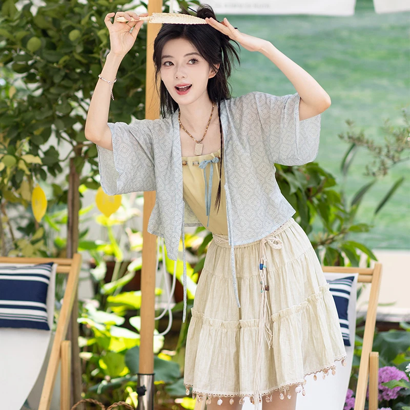 池夏7周年店庆【小暑:花野游歌】唐褙子人棉吊带短裙原创改良汉服