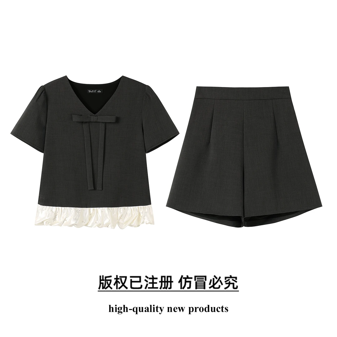 奢姿大码女装2025夏季时尚系带荷叶边套装胖妹妹简约减龄两件套装