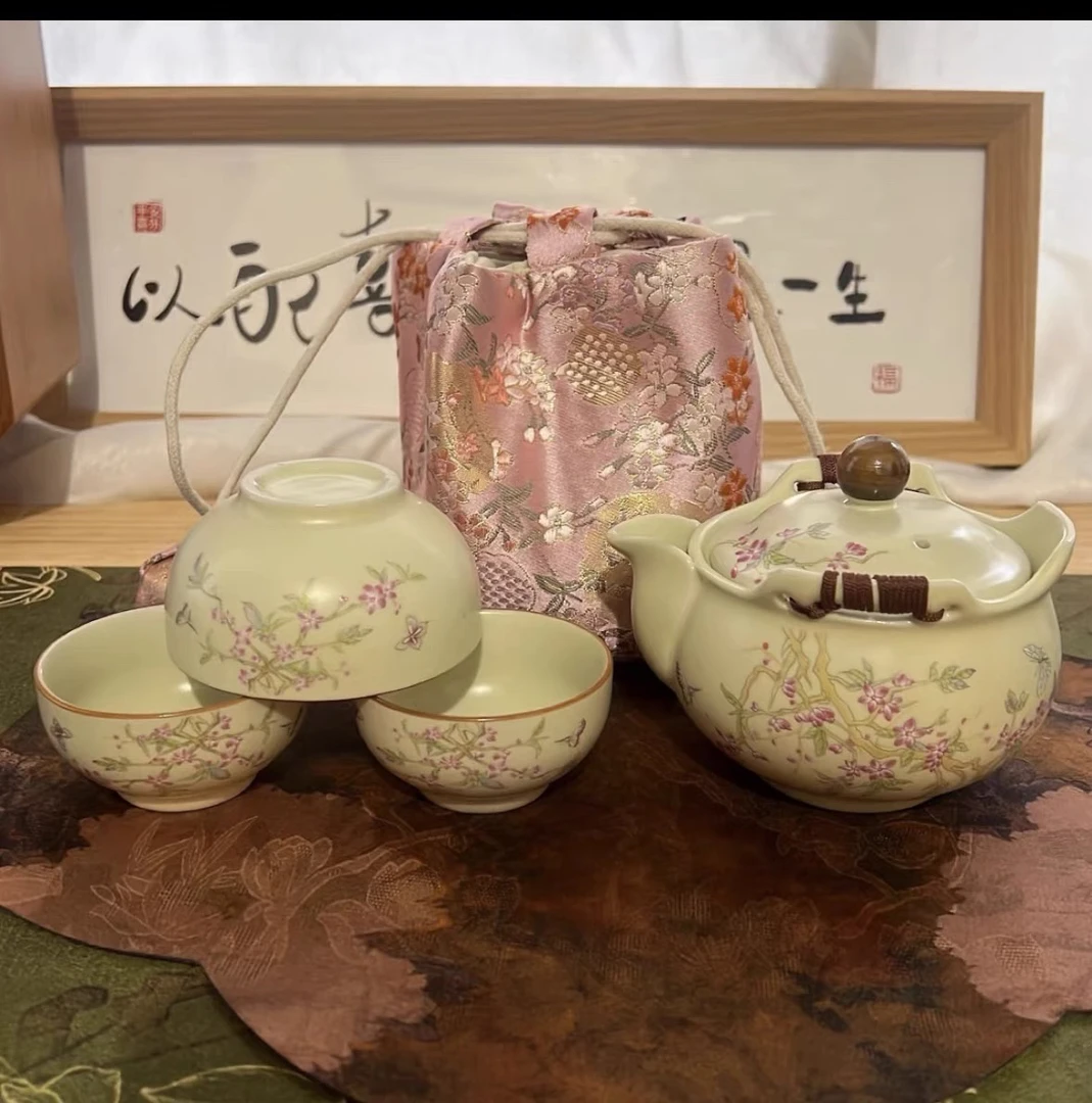 米黄汝窑桃花宝瓶手抓壶一壶三杯旅行茶具套装露营便携式茶具