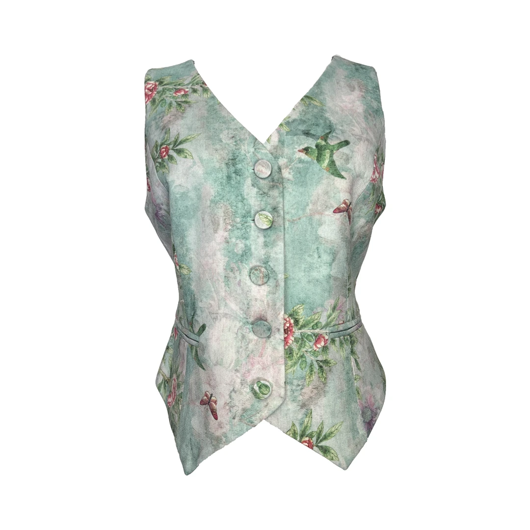 原创设计时尚印花马甲女士夏季中式绿色修面高端无袖小外套