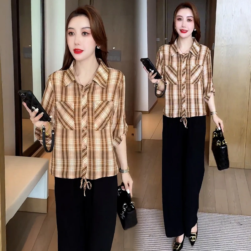 时尚气质格子纽扣拼接短袖衬衫女2025年春秋季新款减龄时髦上衣潮