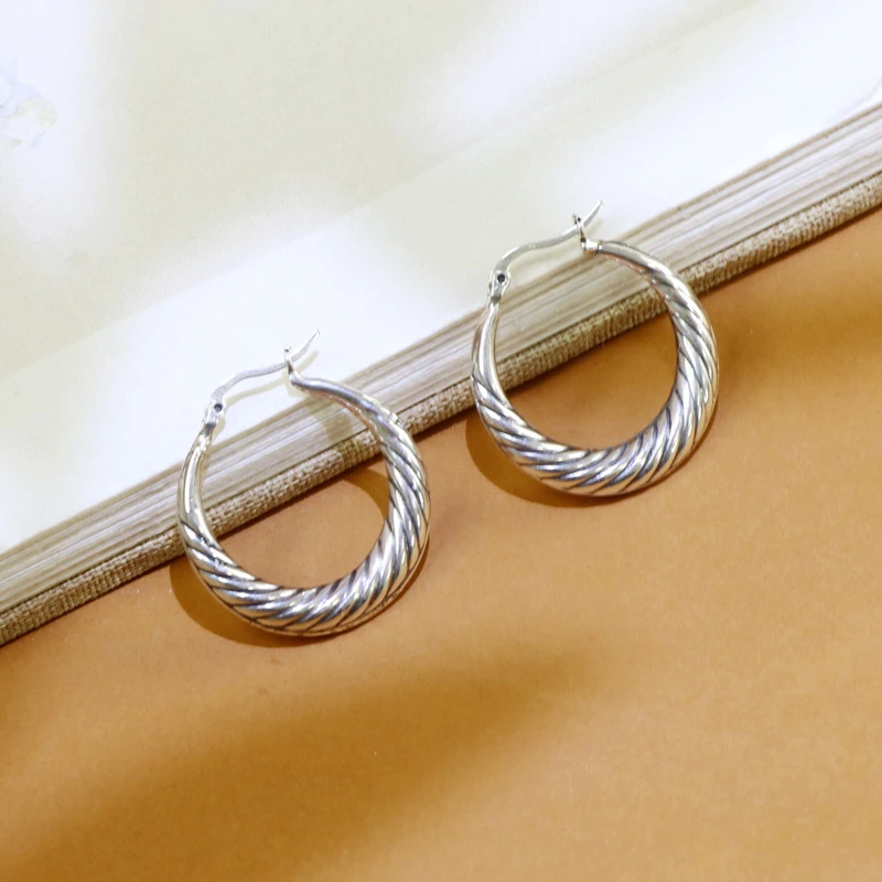 925银耳饰 925银  波纹耳扣圈圈耳环时尚大气百搭银饰