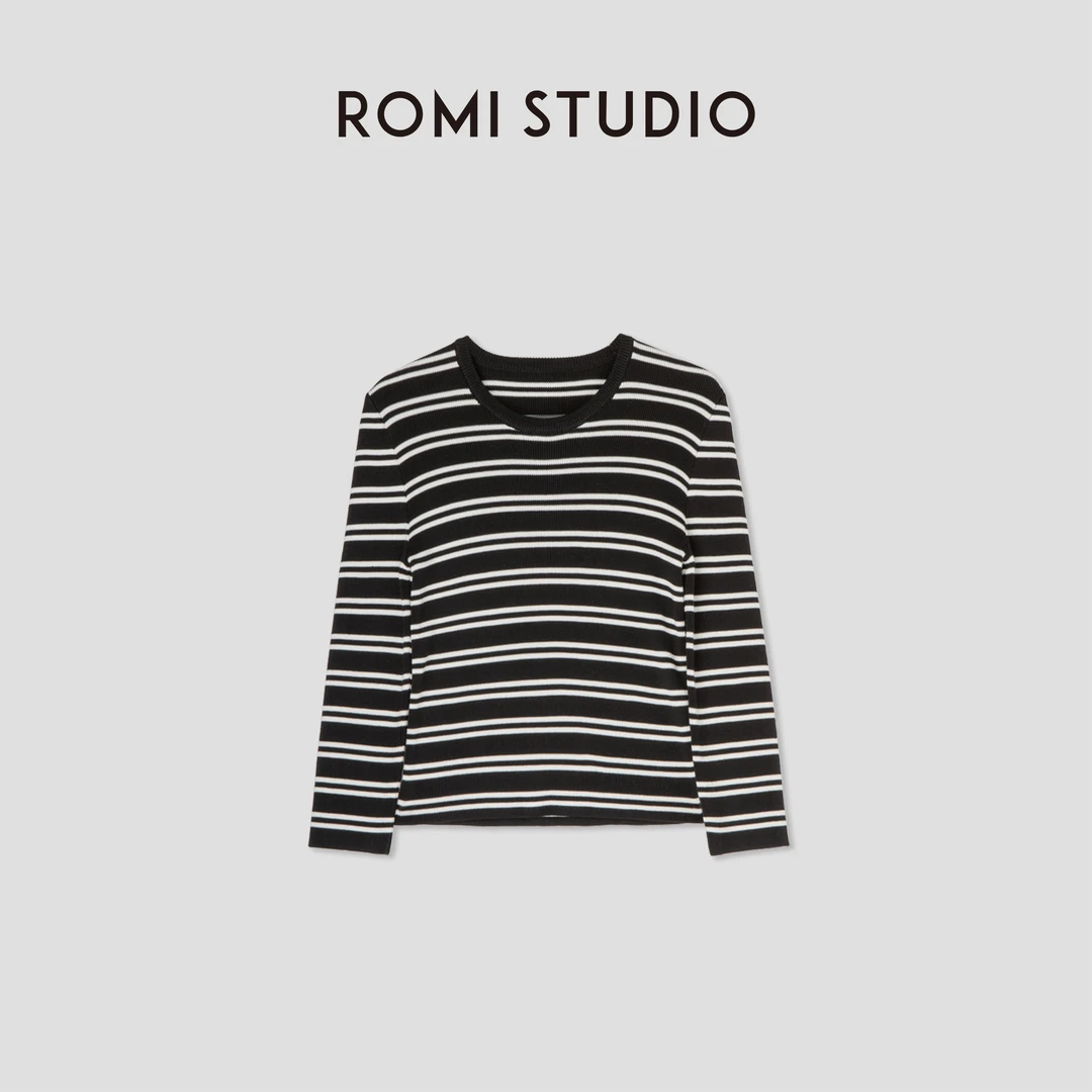 ROMI STUDIO莱赛尔纤维锦纶混纺修身黑白条纹针织T恤 M3518