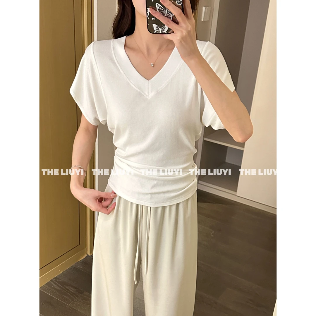 【LIUYI】原生美女~夏季收腰显瘦V领T恤54304