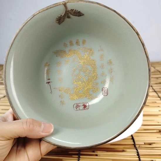 陶摆件龙图汝窑描金包铜口老工艺古玩收藏