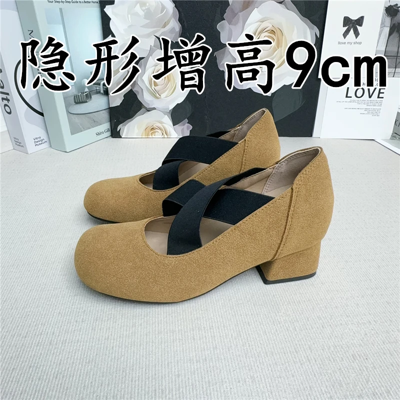 小个子内增高9cm玛丽珍鞋女交叉带舒适软底芭蕾鞋真皮复古高跟鞋