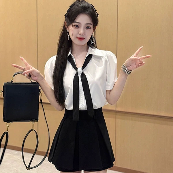夏季小个子休闲风韩版时尚套装衬衫法式百褶裙时尚洋气显瘦套装