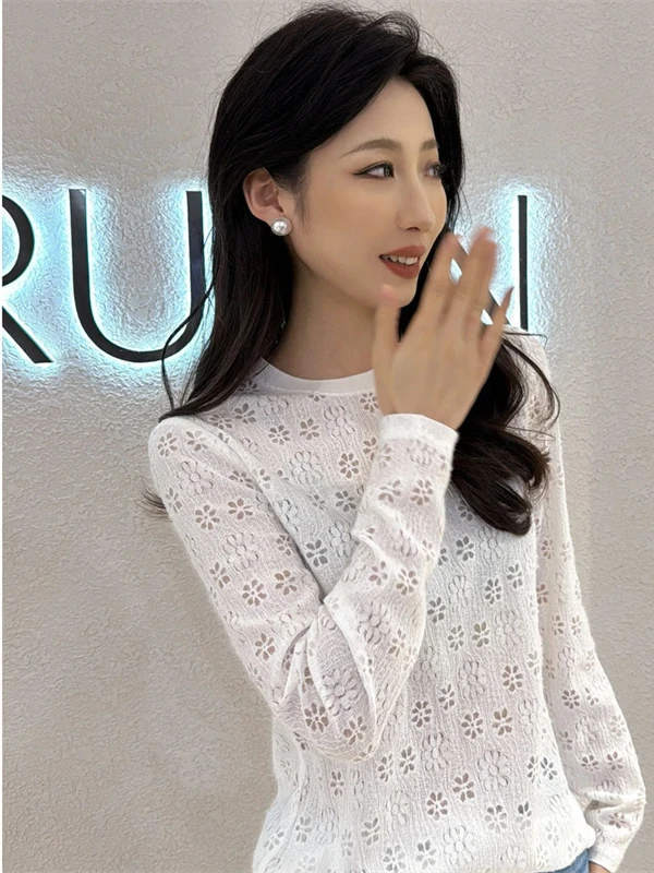 2025早秋新款洋气白色圆领镂空套头勾花长袖打底衫T恤女5300886