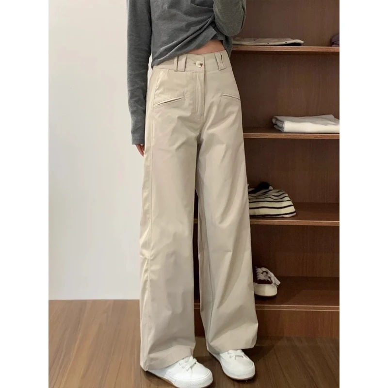 美式复古卡其色工装裤女春秋新款胖妹妹mm高腰直筒阔腿微喇休闲裤
