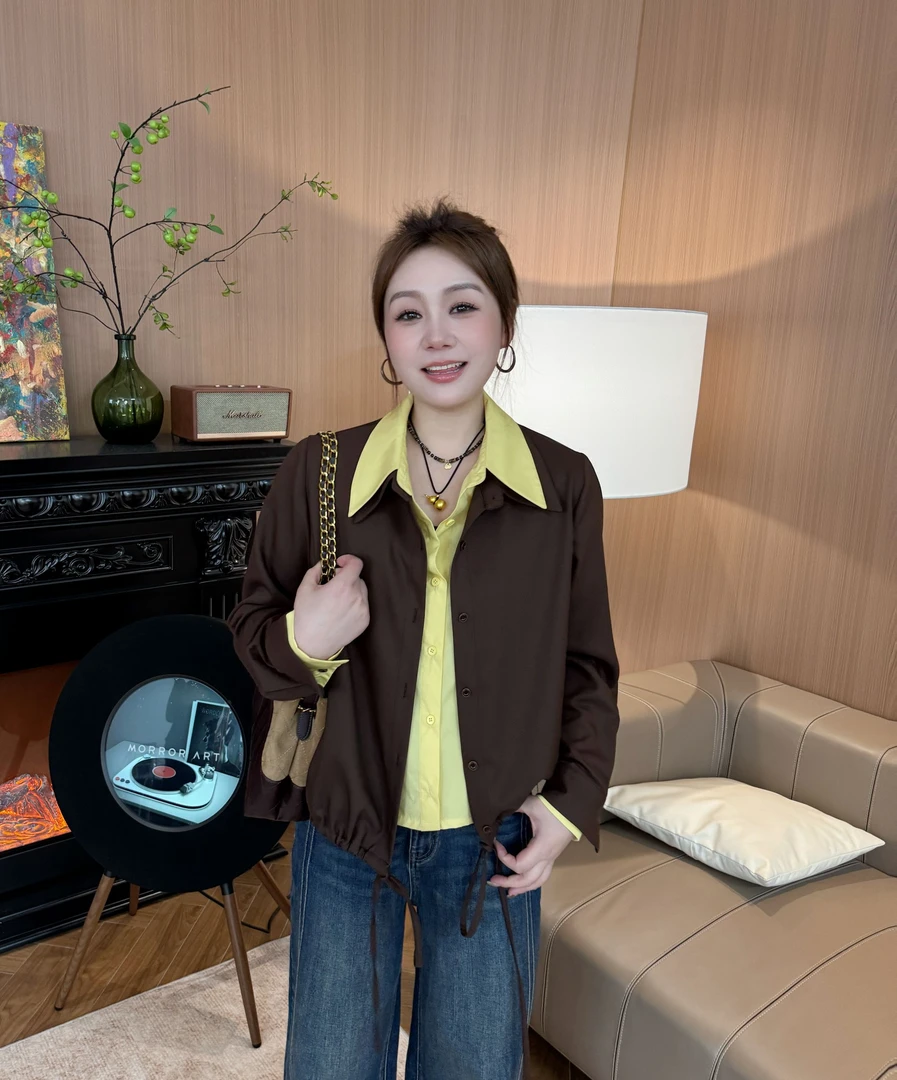 NANJIE/楠姐【佩斯画廊】翻领时尚宽松拼接假两件长袖上衣XNS6597