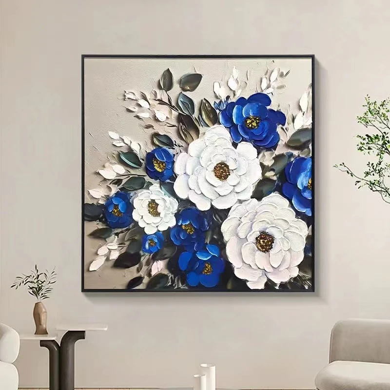 油画现代简约立体厚颜料花卉客厅装饰画铝合金轻奢牡丹8080