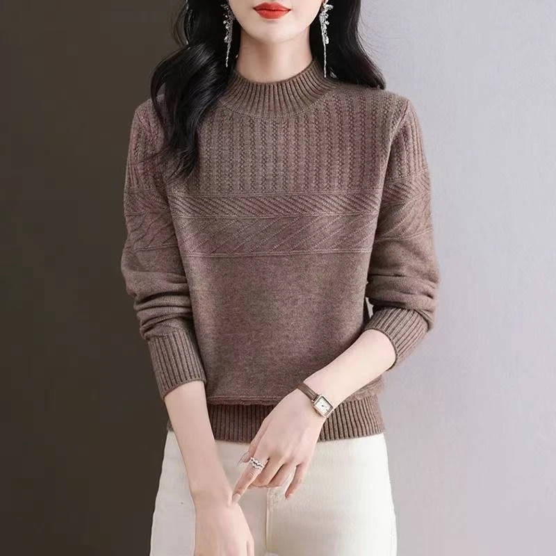 秋冬装半高领纯色提花针织衫女短款宽松长袖打底衫毛衣百搭厚