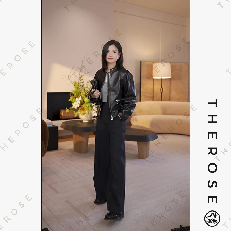 之柔【卡塔尔】西班牙进口时尚休闲气质复古短款羊皮夹克立领皮衣女