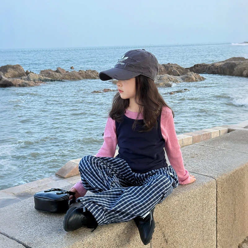 SKE2597女童韩版两件套坑条T恤背心秋款儿童纯色圆领打底衫