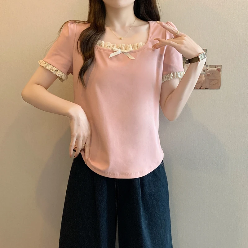 2025春夏装新款胖mm大码女法式蝴蝶结蕾丝花边方领正肩短袖T恤