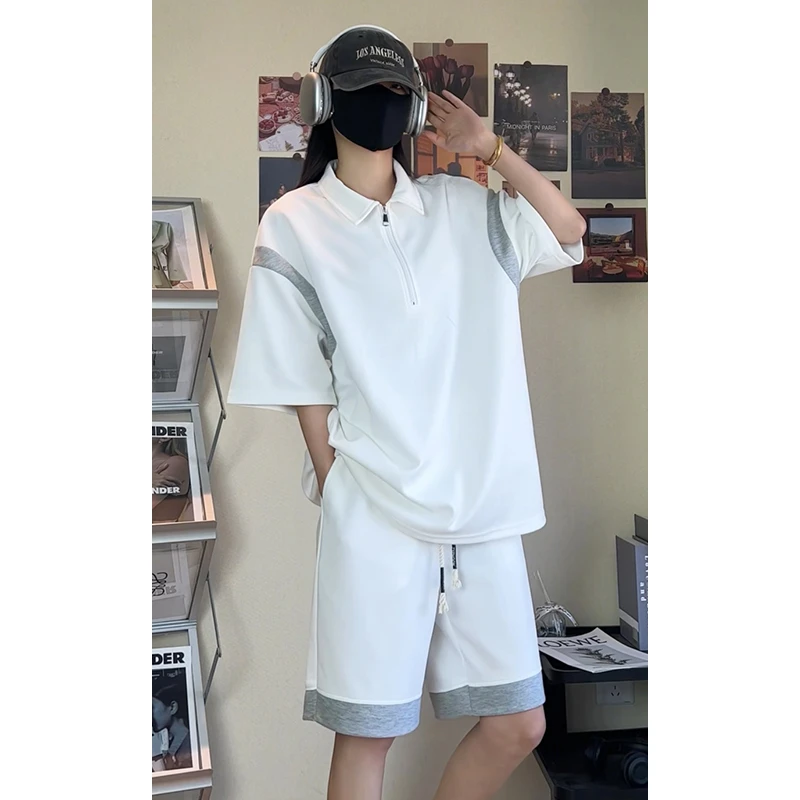 美式半拉链polo衫短袖套装男生夏季穿搭一整套过膝短裤休闲两件套