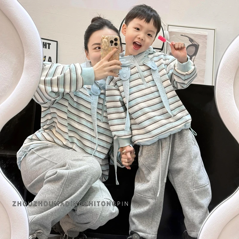 【舟舟妈】2025新款冬季条纹拼接连帽加绒加厚保暖休闲宽松卫衣