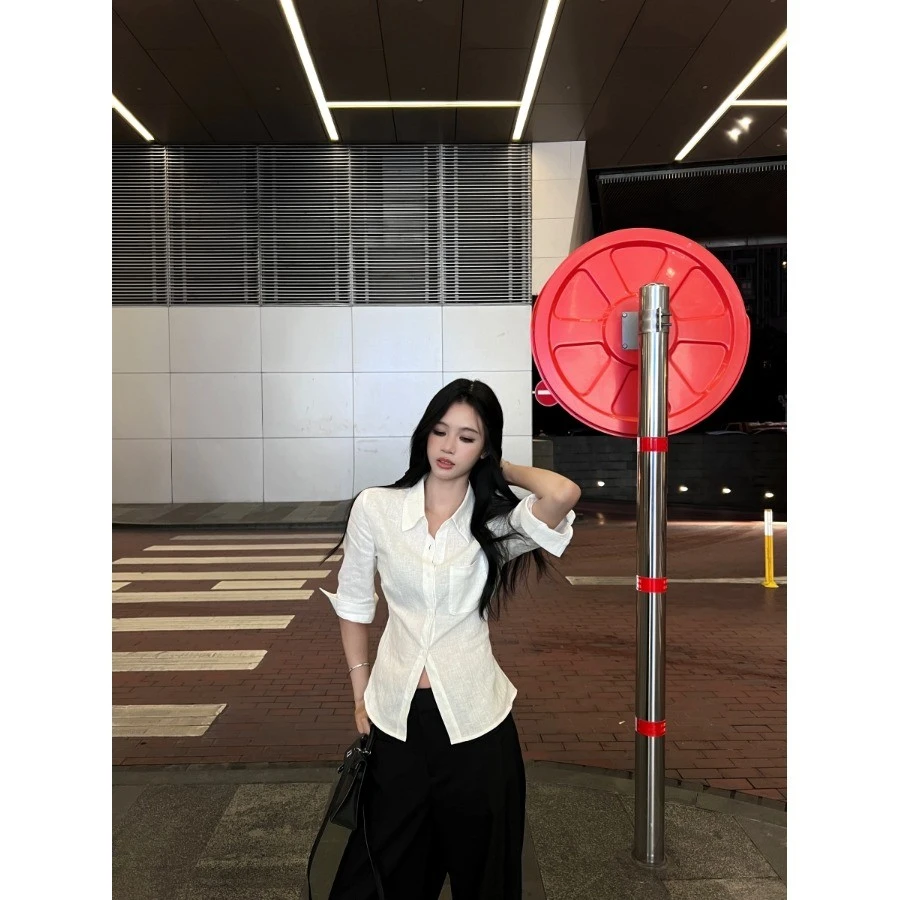 辣妹掐腰中袖白色衬衫女夏季收腰显瘦美式POLO领衬衣气质黑色上衣