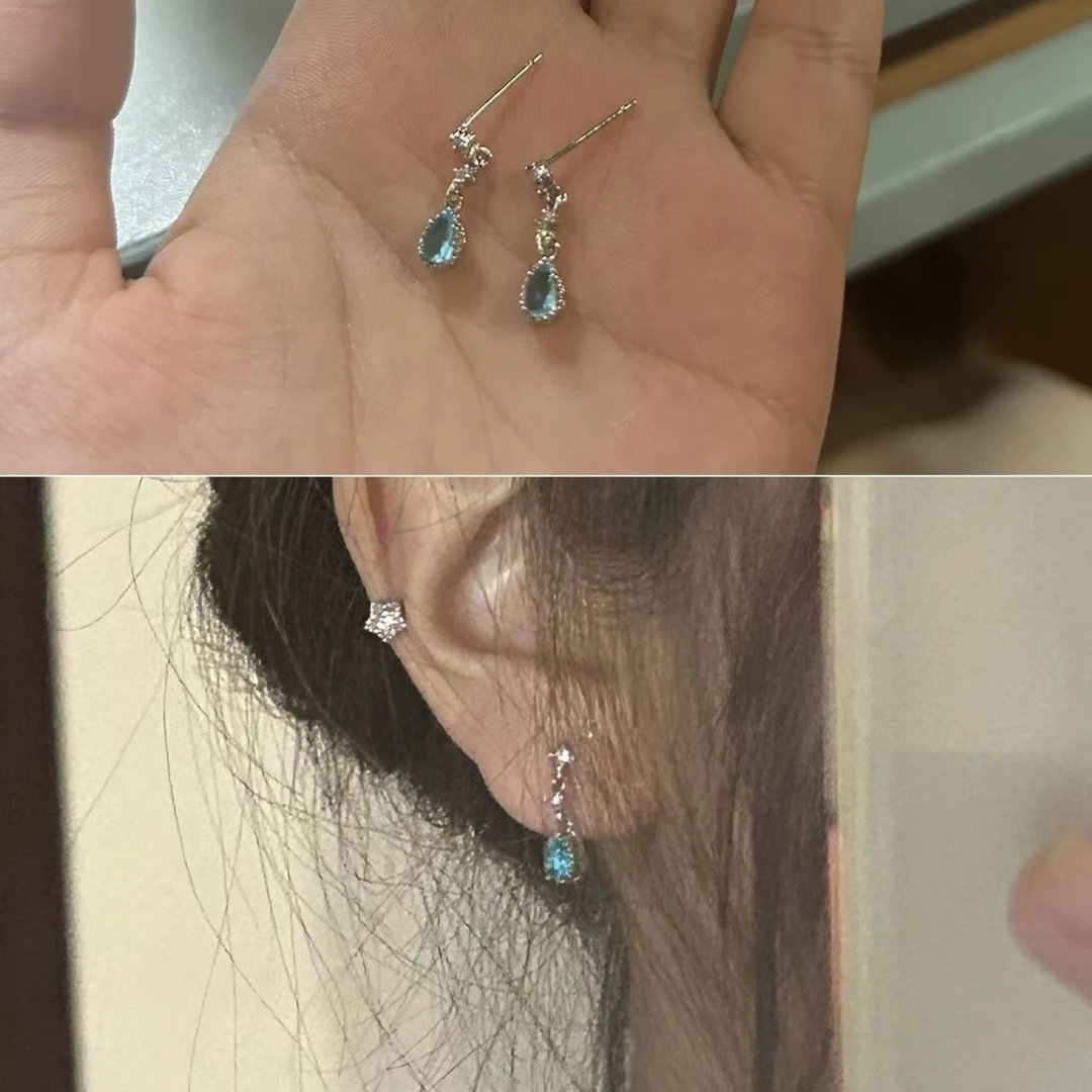 800银耳饰 水滴/铃铛日韩耳钉百搭镶嵌银镀绿色手工复古