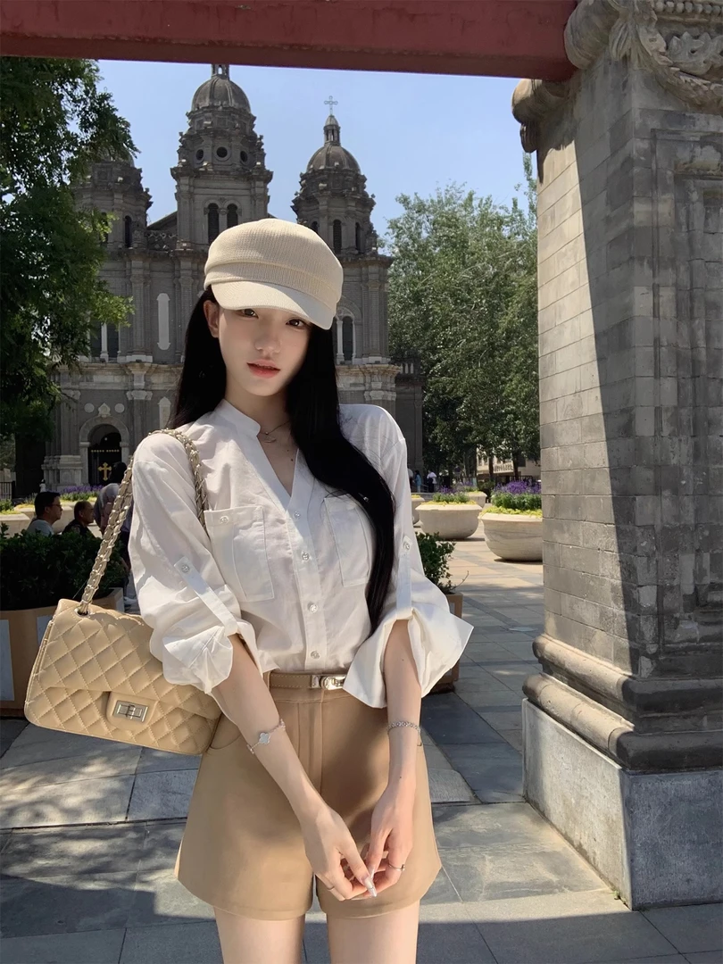 【初恋秀智】天然棉设计感白色口袋长袖衬衫上衣显瘦百搭