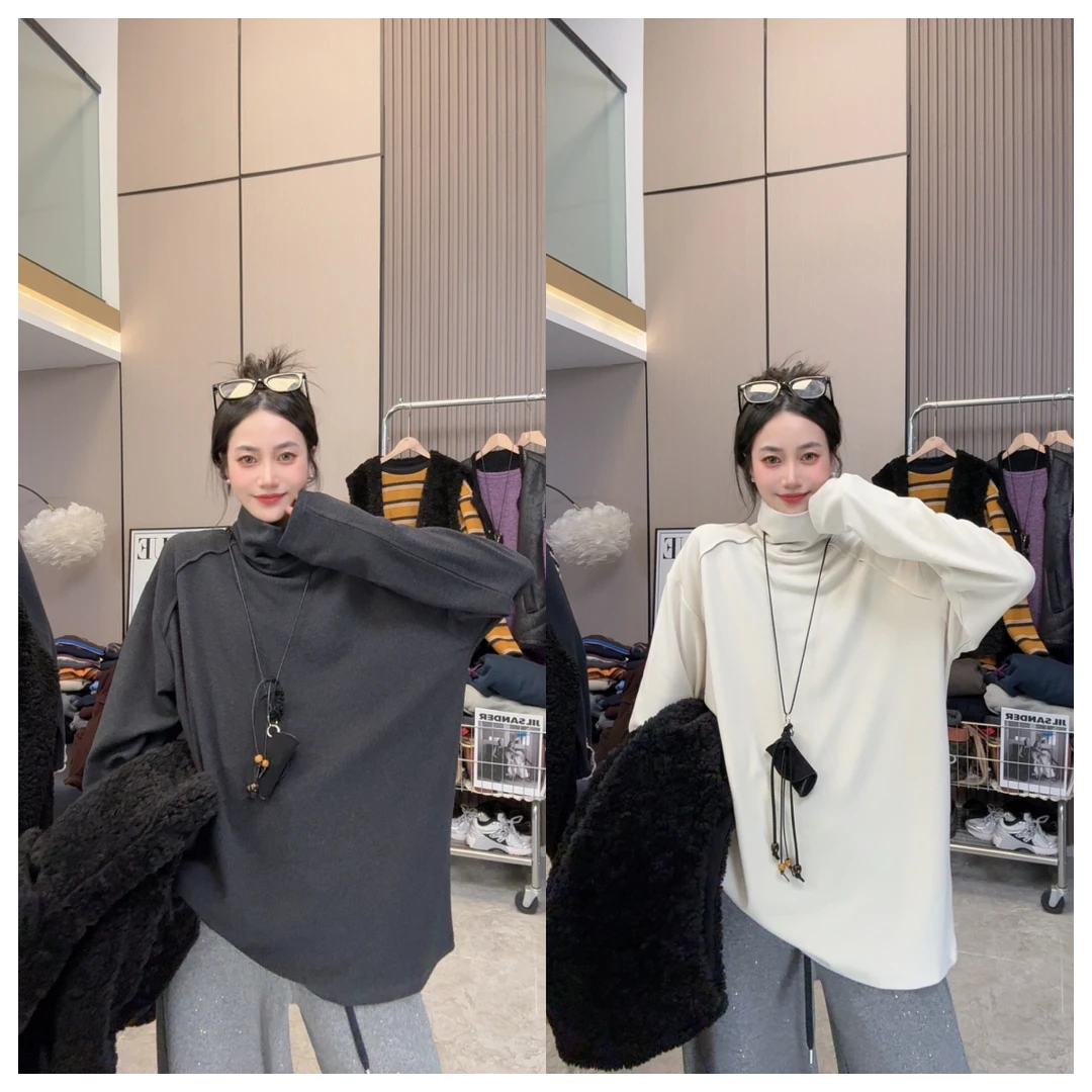 【冬日温暖】软糯糯~秋冬简约高领宽松中长款长袖上衣