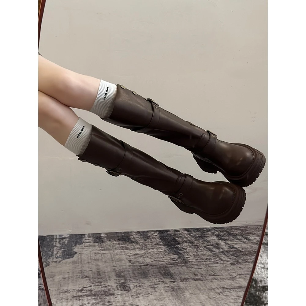 不过膝长筒靴子女款小个子秋冬女靴厚底中筒马丁靴高筒骑士瘦瘦靴