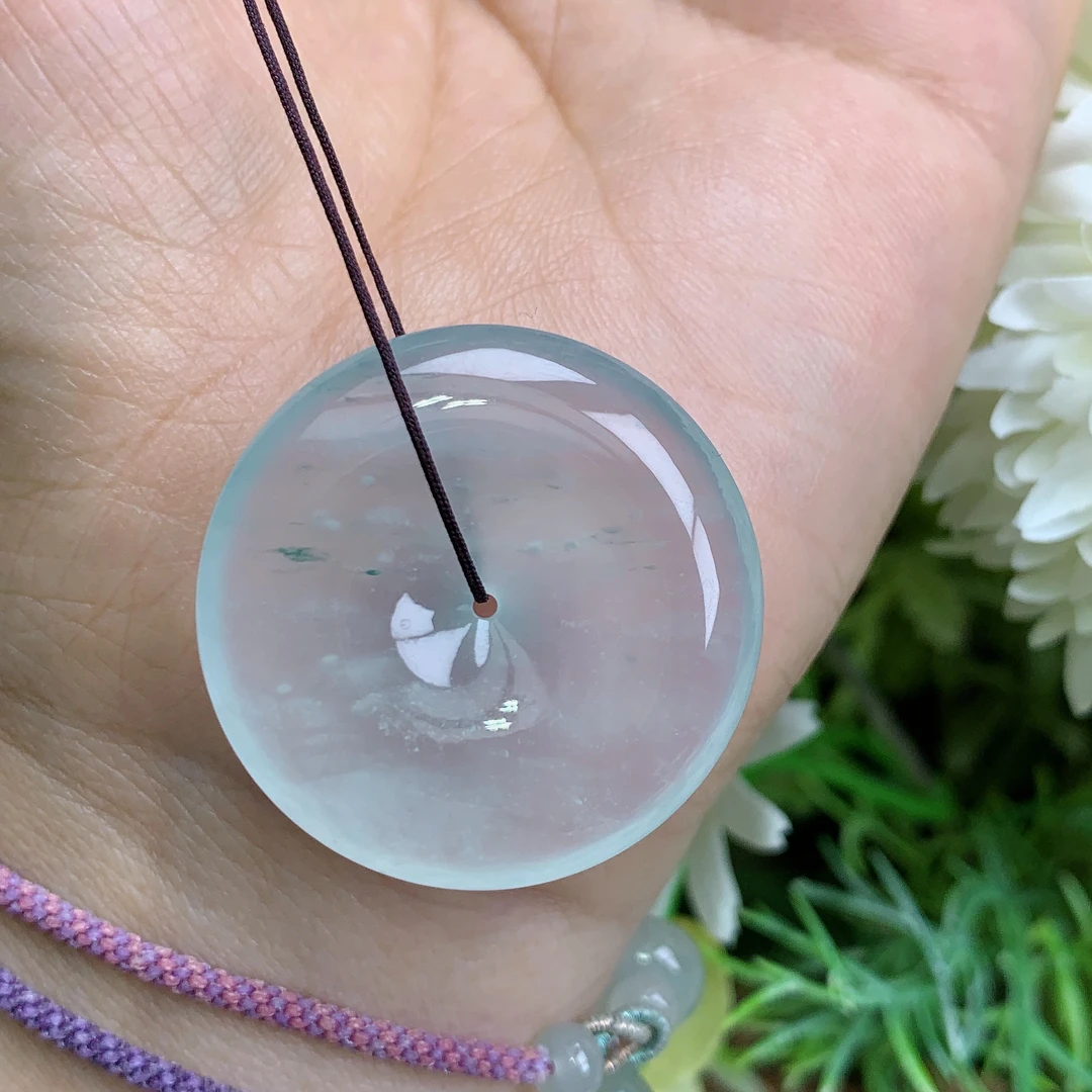 缅甸天然翡翠a货玉石高冰起光飘花平安扣吊坠钟尺寸30.8/6.3mm