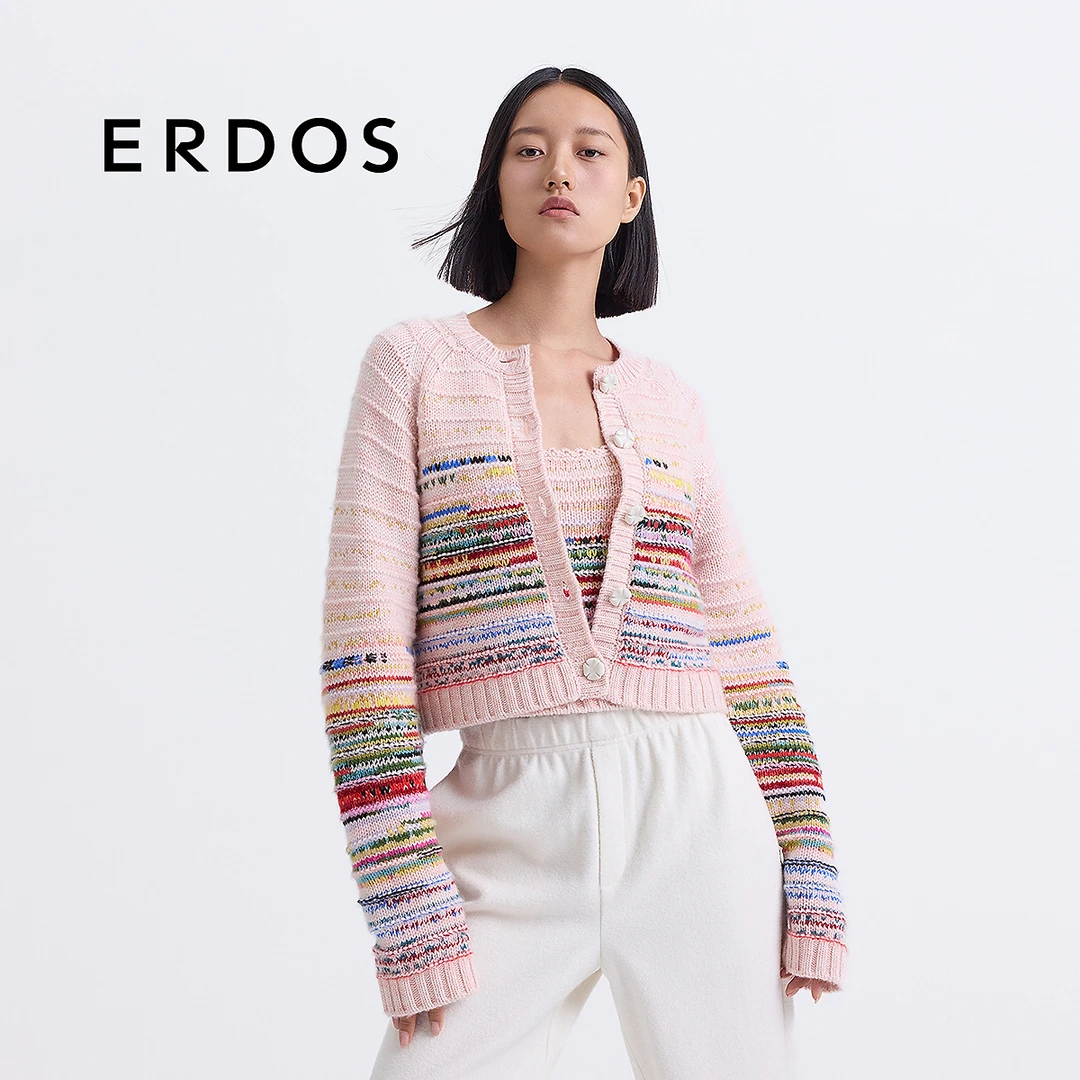 【彩虹条纹外套】ERDOS 粉色圆领绒毛混纺宽松针织开衫