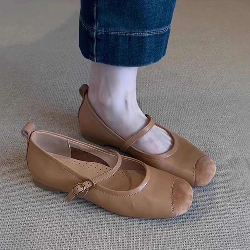 羊皮版~浅口通勤平底芭蕾鞋复古软底真皮拼接一字带玛丽珍单鞋女