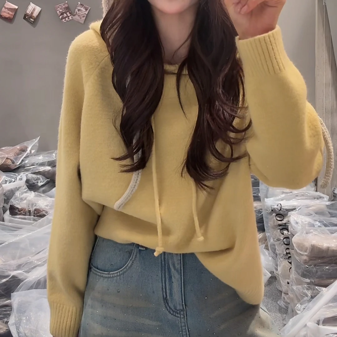 百搭纯色宽松抽绳连帽软绵绵针织衫女秋冬季新款气质时尚长袖毛衣