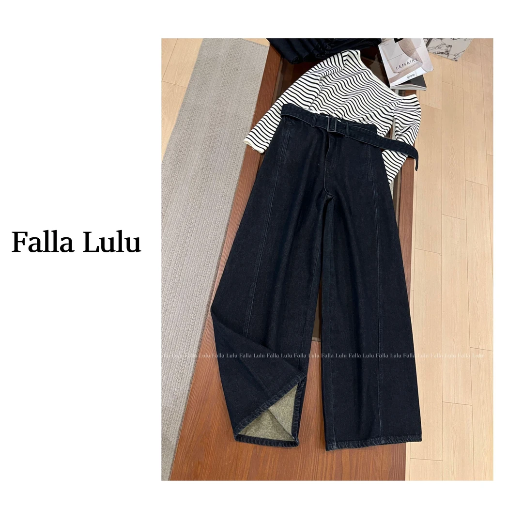 @英子家 黑金抓毛弯刀裤！高腰复古显瘦气质遮肉阔腿牛仔裤 C2184